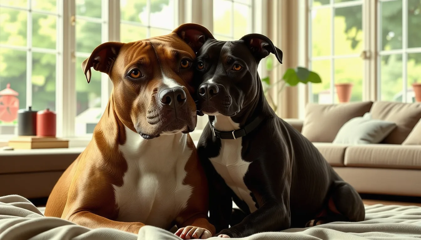 Pitbull musclé au pelage clair assis dans un jardin, tenu en laisse par son propriétaire.