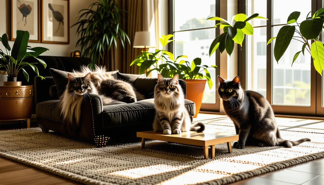 un chat au pelage gris uni assis, regard attentif, dans un intérieur lumineux