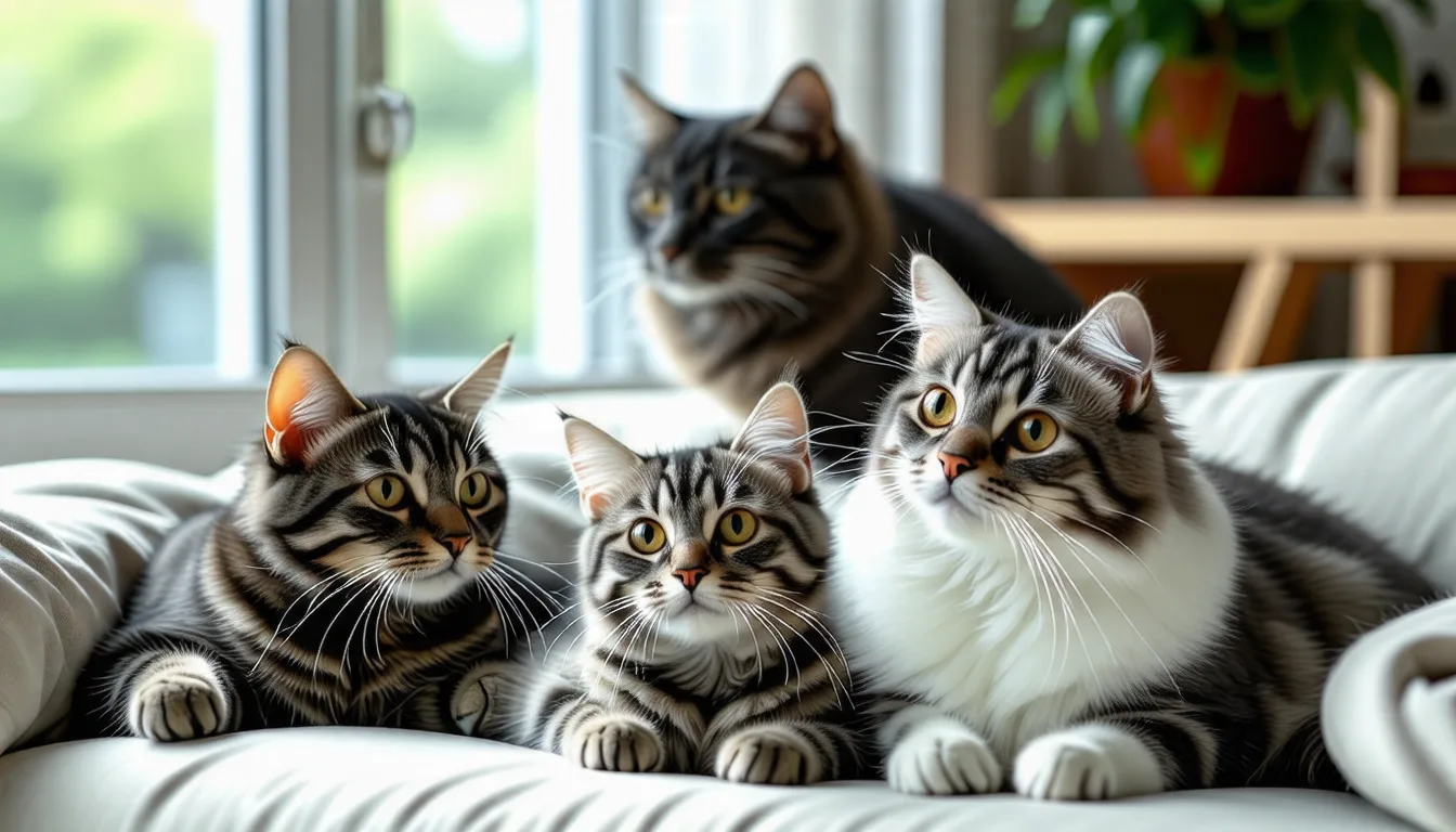 plusieurs chats au pelage gris et blanc de races différentes assis côte à côte