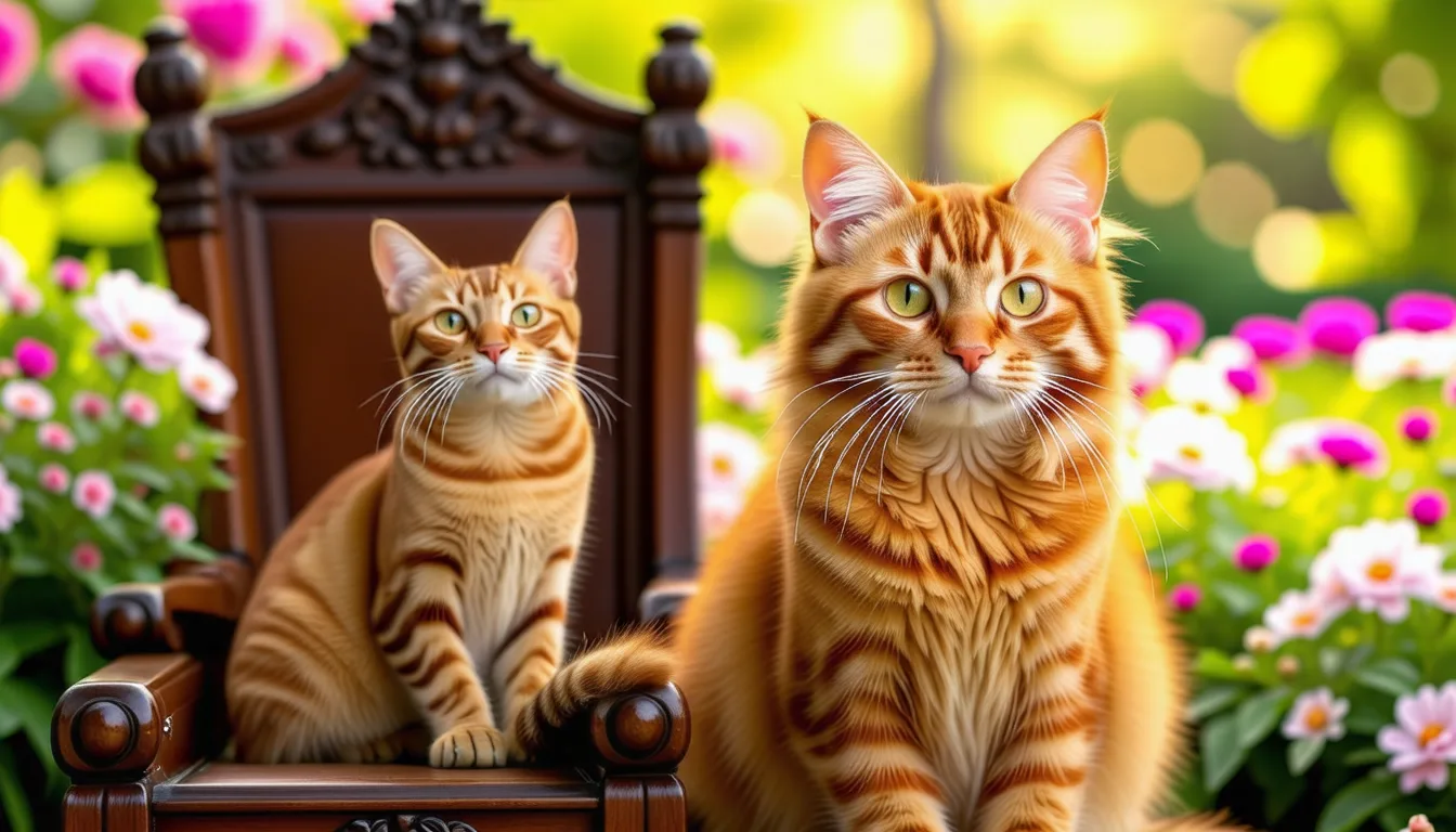 quatre chats de races différentes au pelage roux assis côte à côte