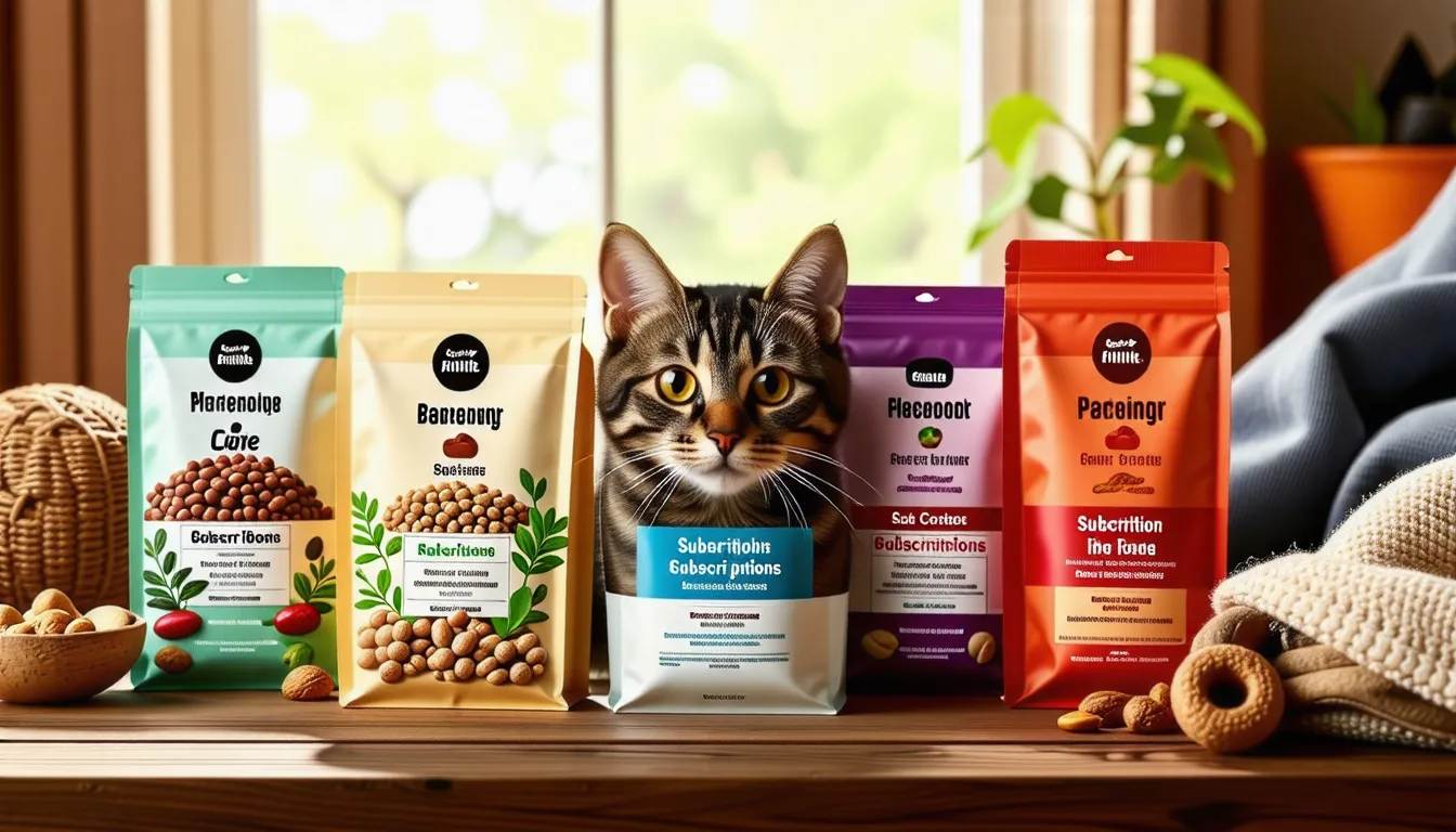 gamelle de croquettes pour chat posée à côté d'un sachet de recharge et d'un chat qui observe
