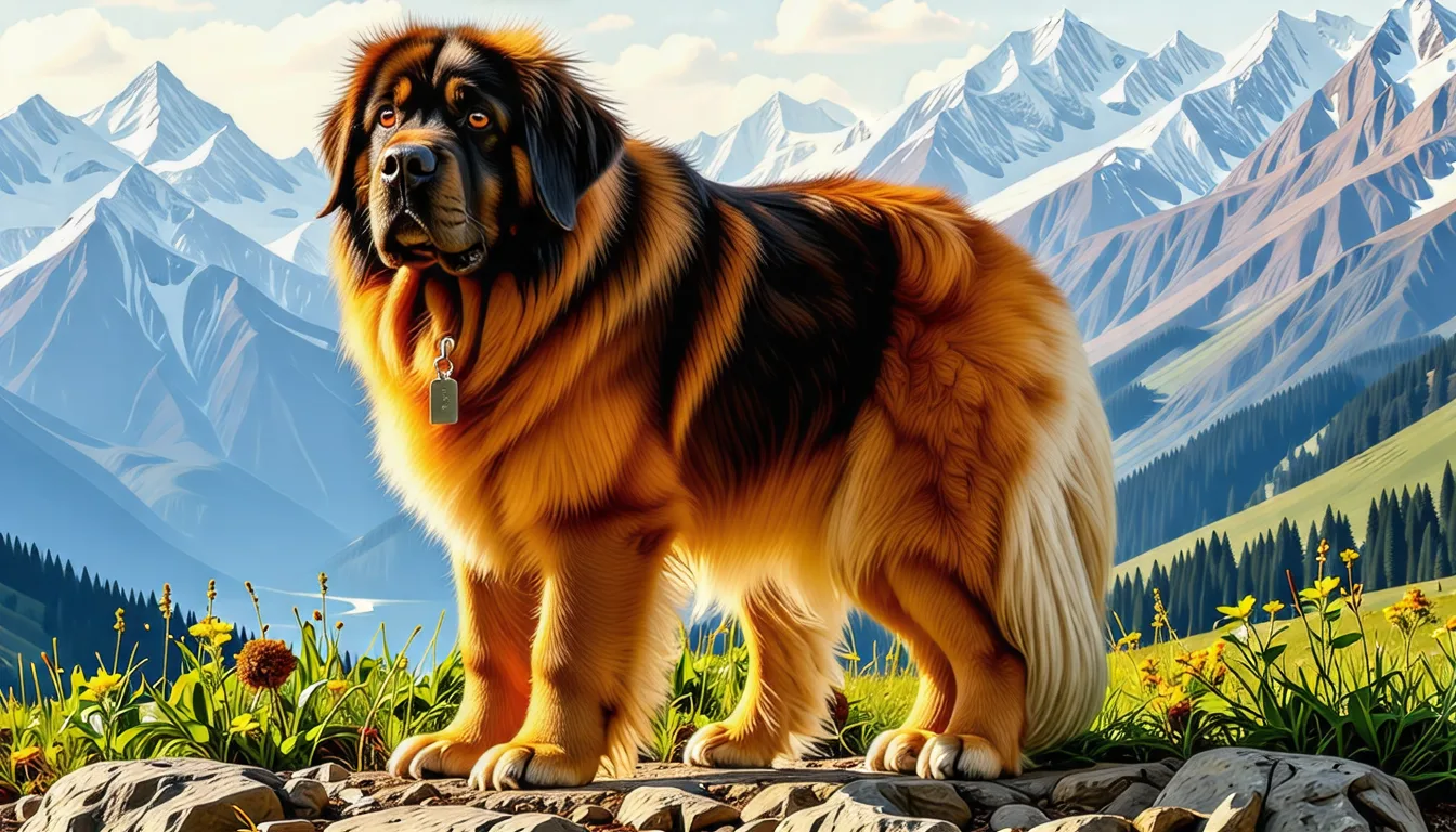 grand chien à poil long de type molosse, debout dans un espace extérieur