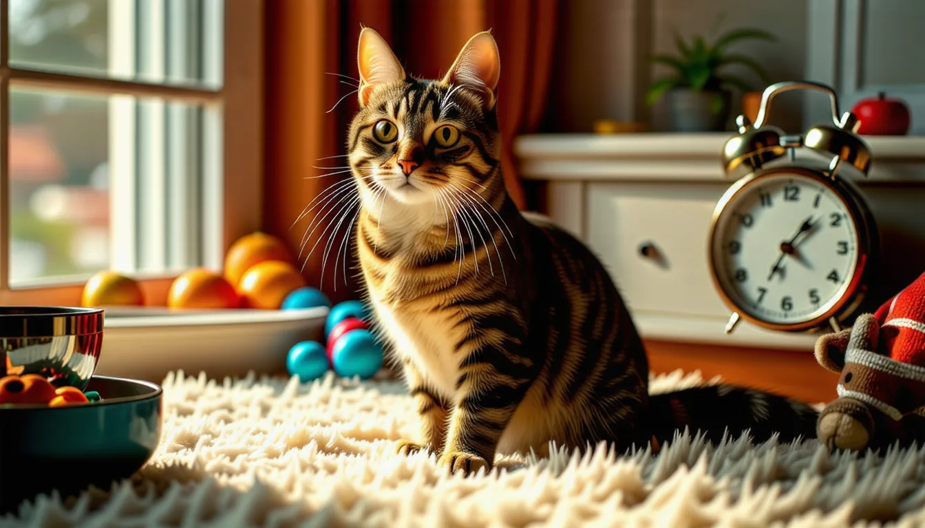 un chat gris assis près de son bac à litière, l'air attentif