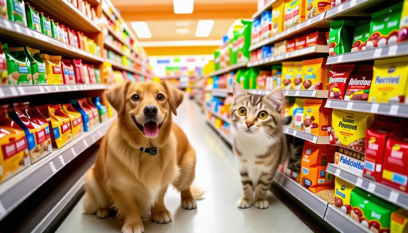 des sacs de croquettes pour chien et chat empilés avec une facture et une calculatrice