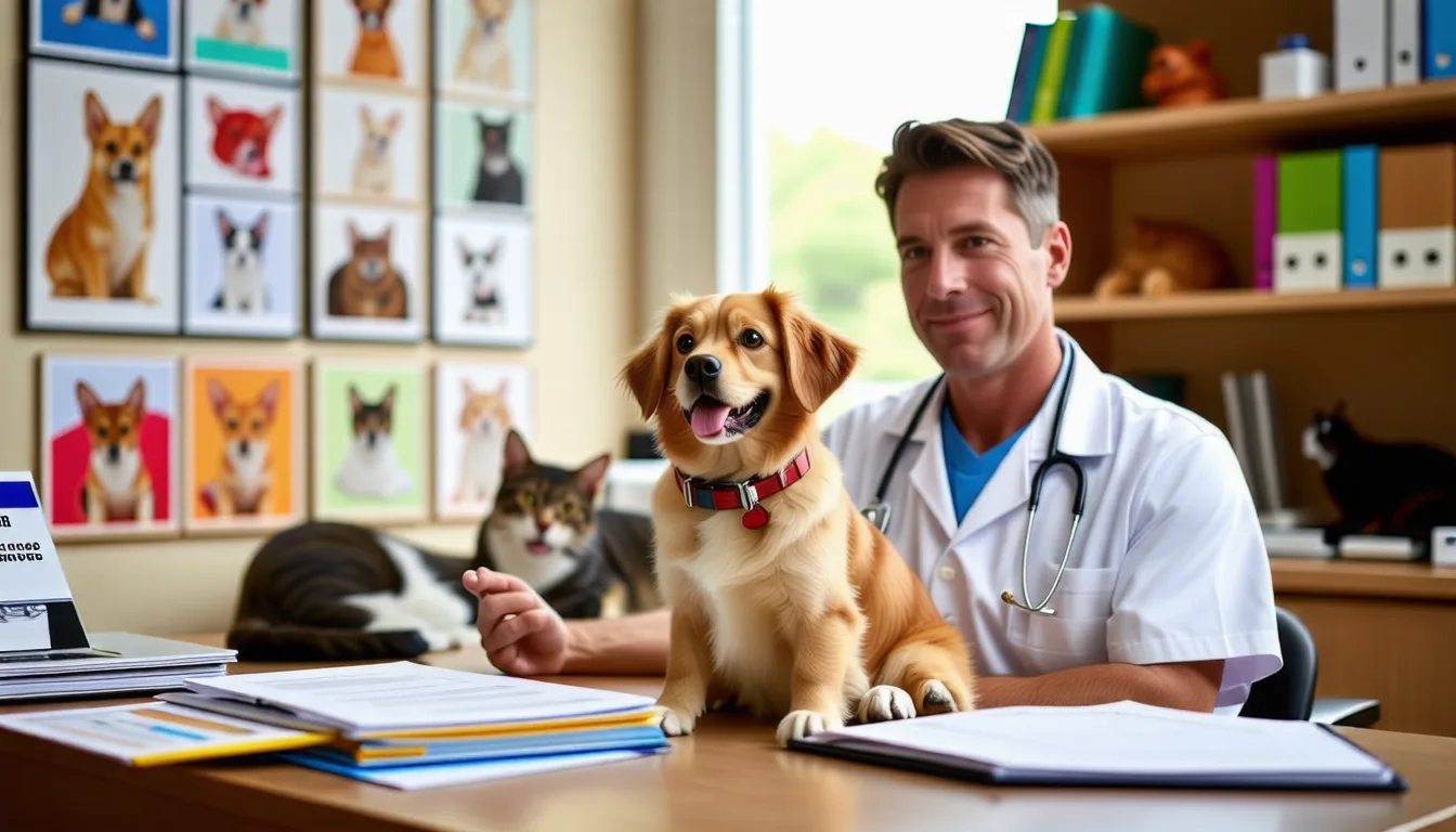 chien et chat assis côte à côte près d'un vétérinaire tenant un dossier médical.
