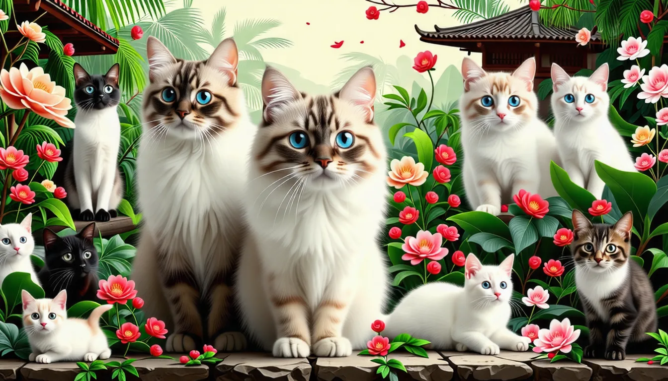 plusieurs chats de races asiatiques différentes assis côte à côte sur un fond neutre