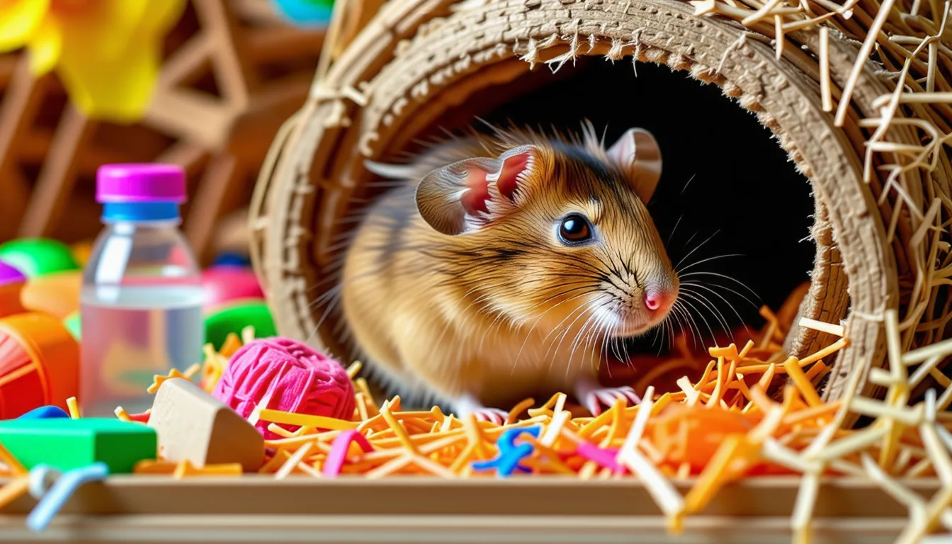 Une gerbille brun agouti dressée sur ses pattes arrière, moustaches en avant, sur un lit de litière