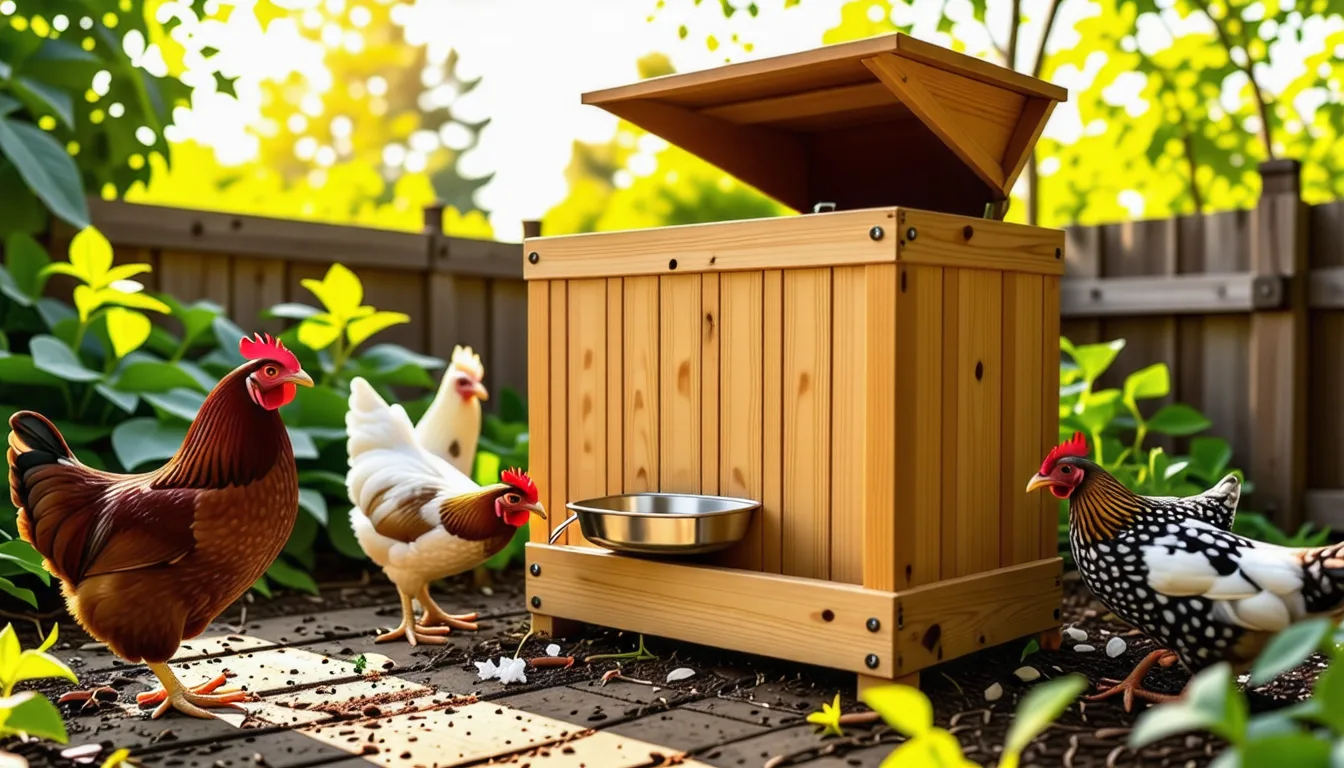 un seau blanc percé posé dans une bassine, avec des poules brunes au premier plan dans un poulailler