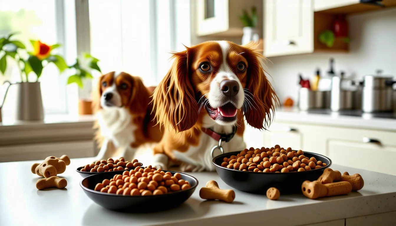 Cavalier King Charles au pelage roux et blanc, allongé près de sa gamelle.