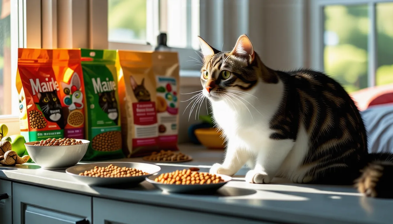 Un sac de croquettes ouvert avec des croquettes versées à côté pour un Maine Coon.