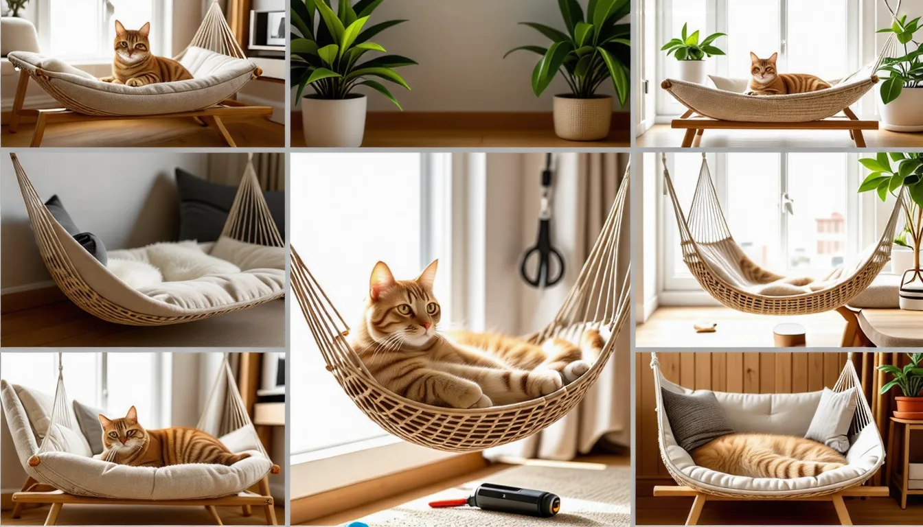 chat installé dans un couchage suspendu en tissu, vu de profil, dans un intérieur lumineux