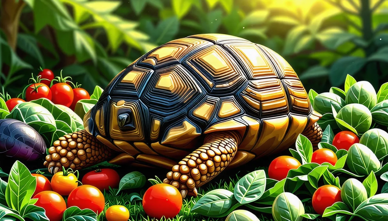 Une tortue d'Hermann à la carapace jaune et brune, marchant sur de l'herbe et des feuilles.