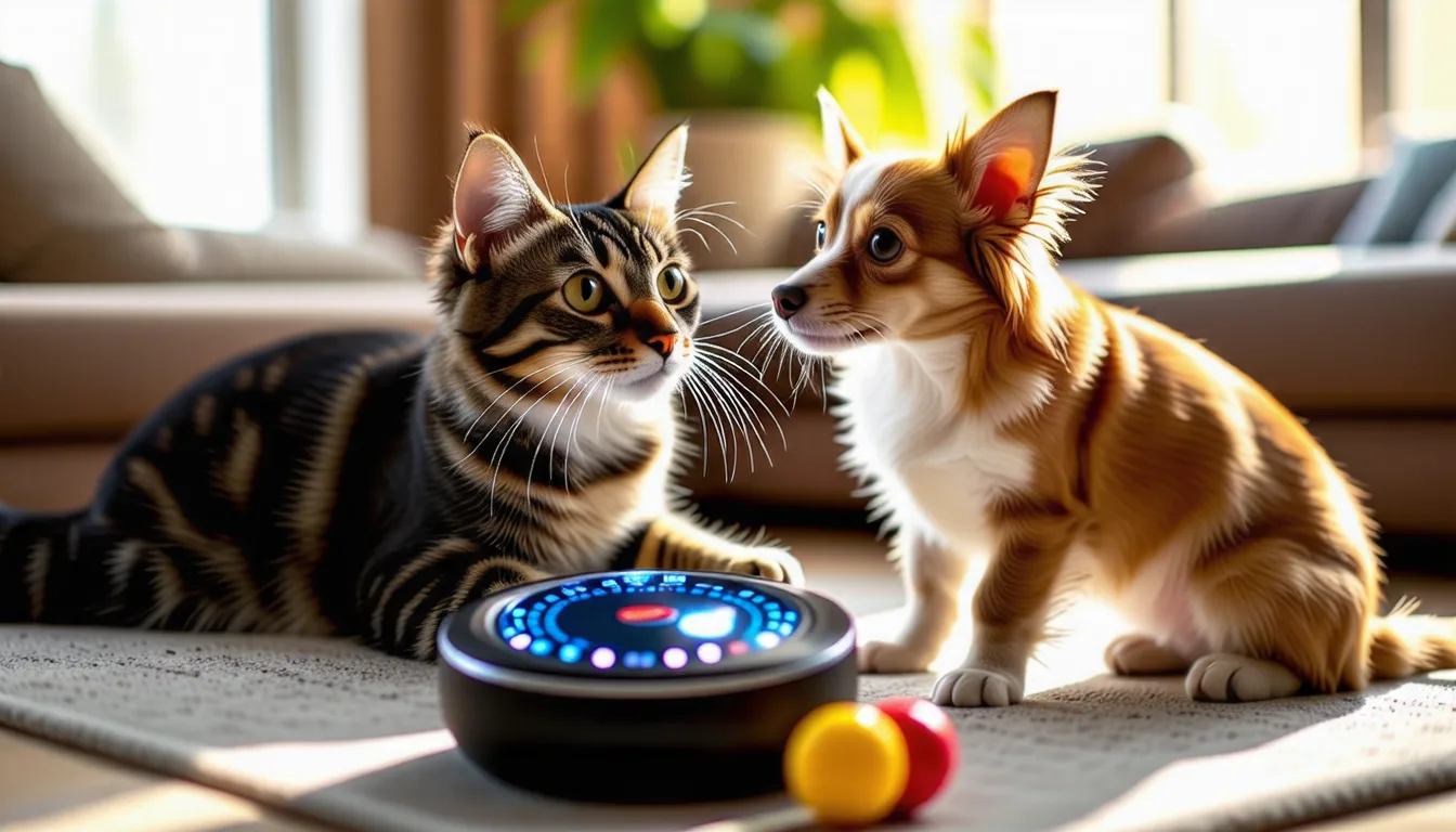 un chien et un chat assis côte à côte, oreilles dressées, réagissant à un son inaudible pour l'humain