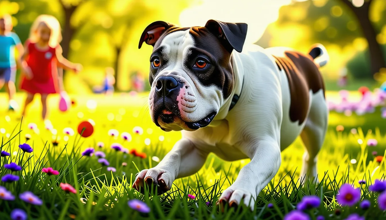 Un Bouledogue Américain musclé et attentif, debout dans un jardin.