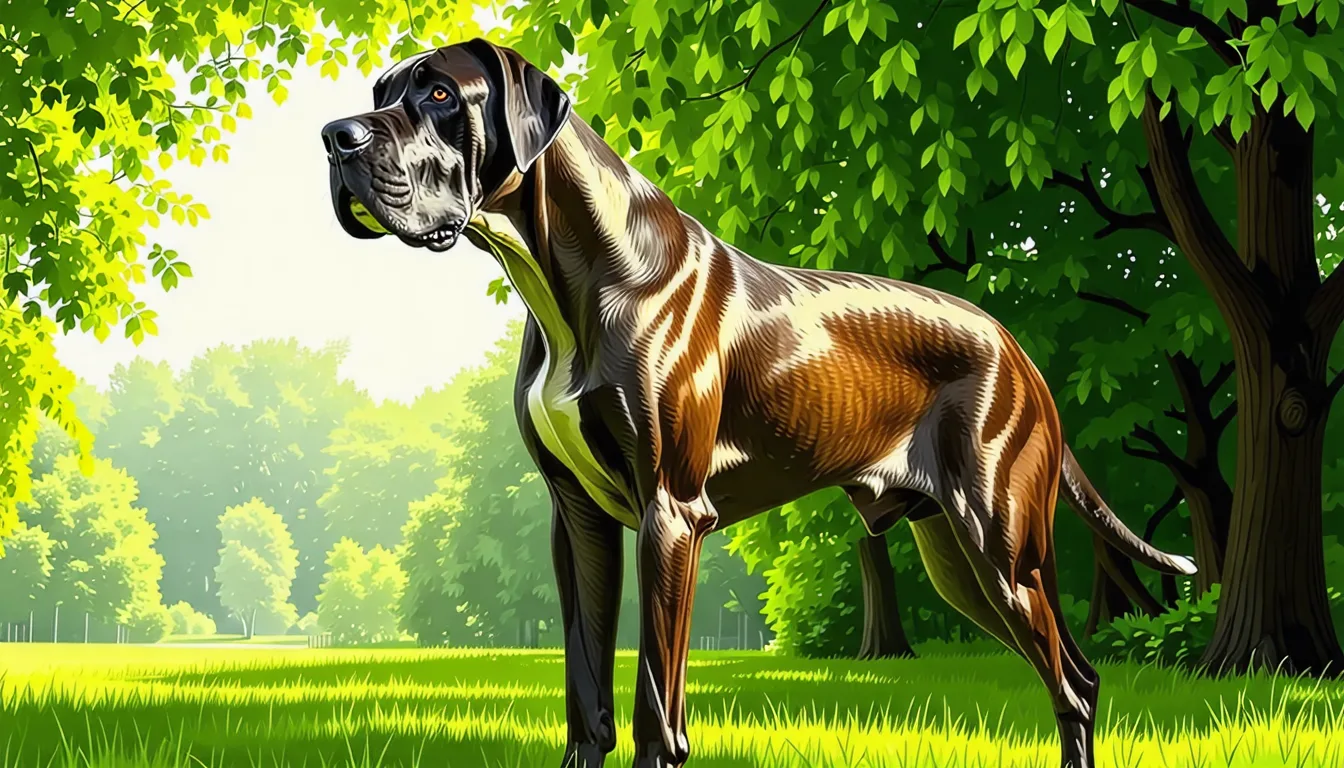 Un Dogue allemand debout de profil, silhouette longiligne, dans un jardin.