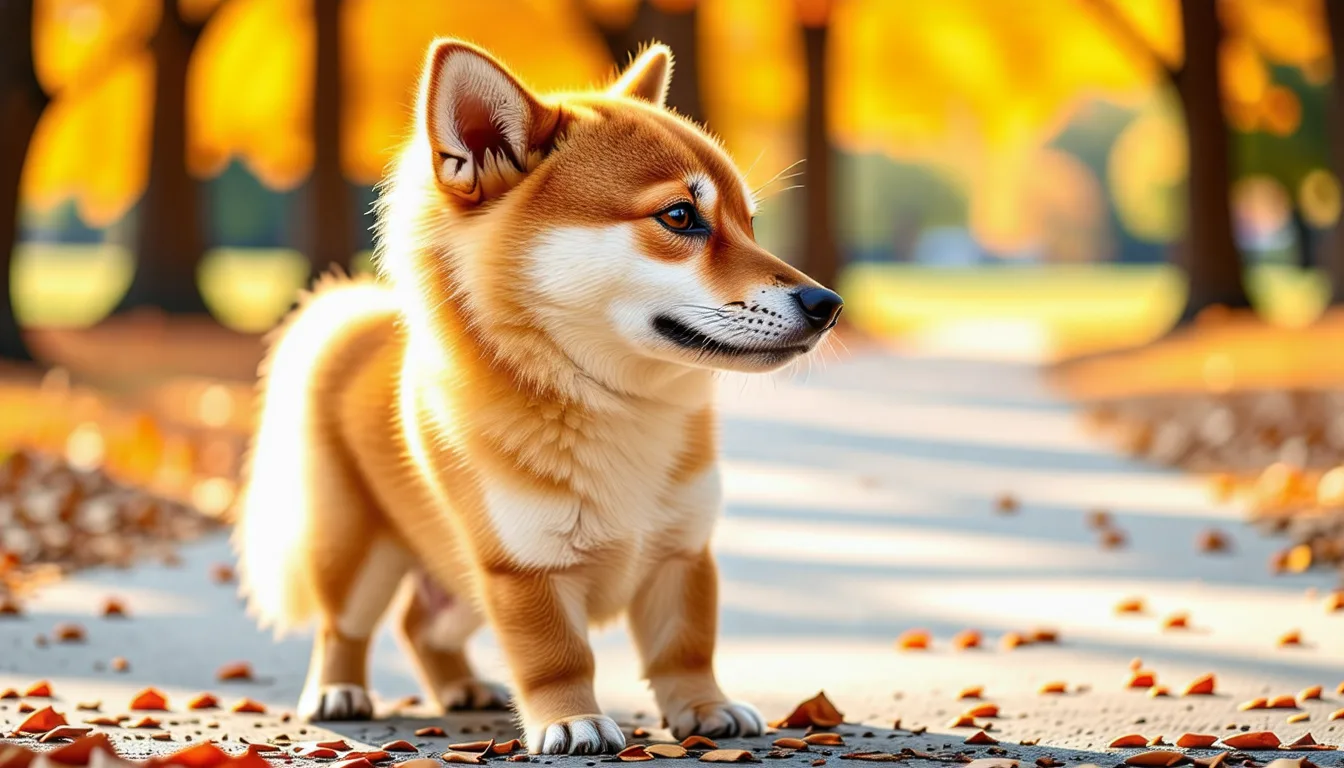 Un Shiba Inu adulte au pelage roux, queue enroulée sur le dos, assis dans l'herbe