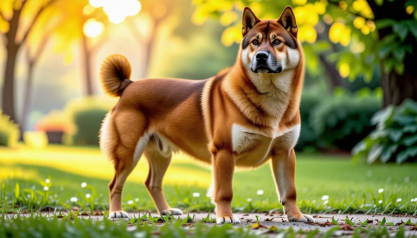 tosa inu adulte au pelage fauve, silhouette massive, debout dans un jardin
