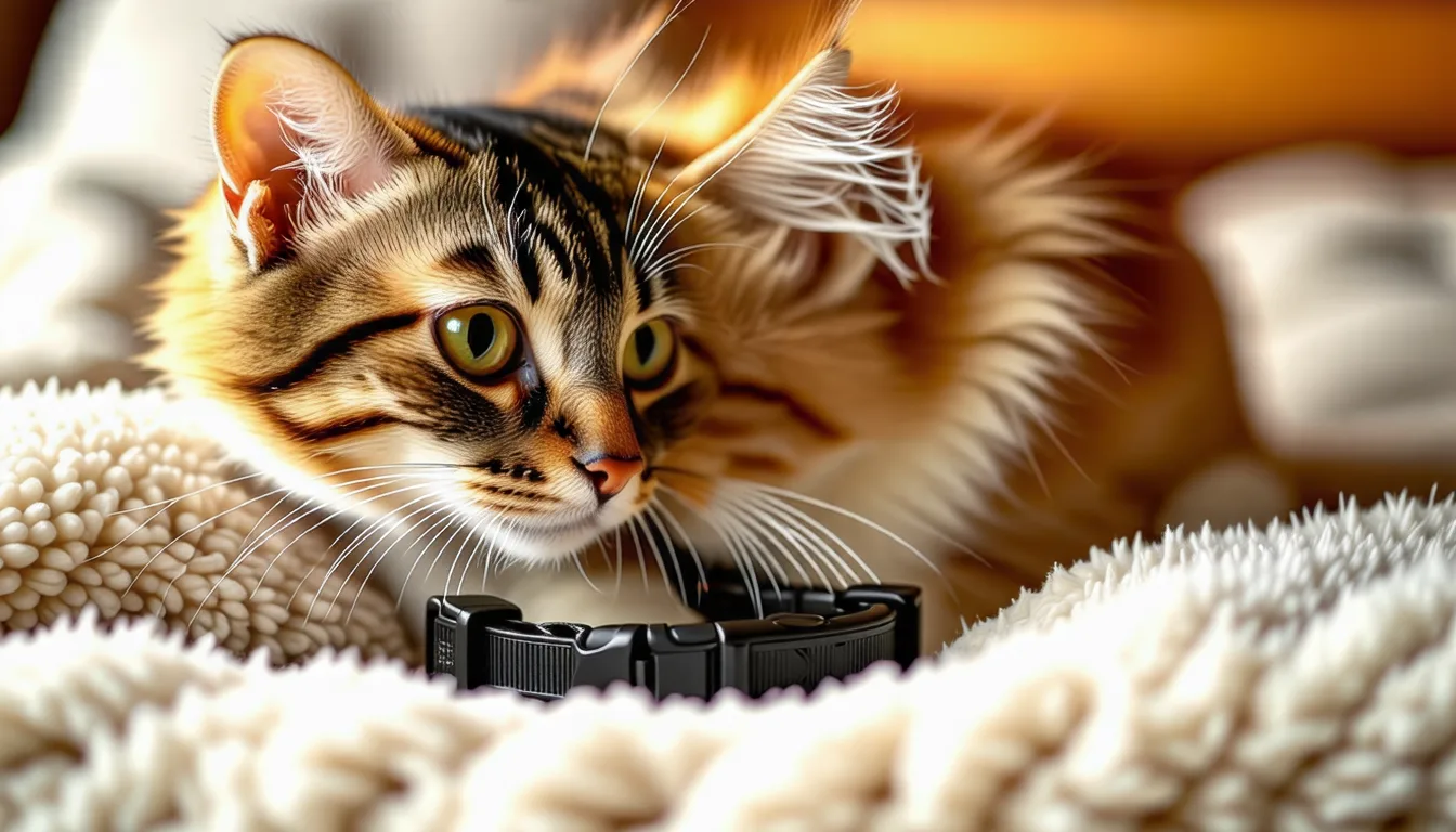 chat portant un collier anti-puce, gros plan sur le cou et la fermeture de sécurité