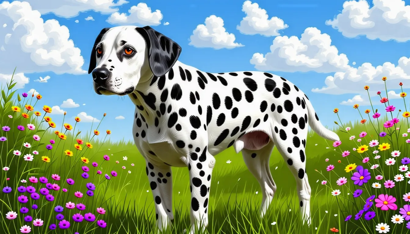 Dalmatien adulte au pelage blanc et taches noires, debout dans un jardin.