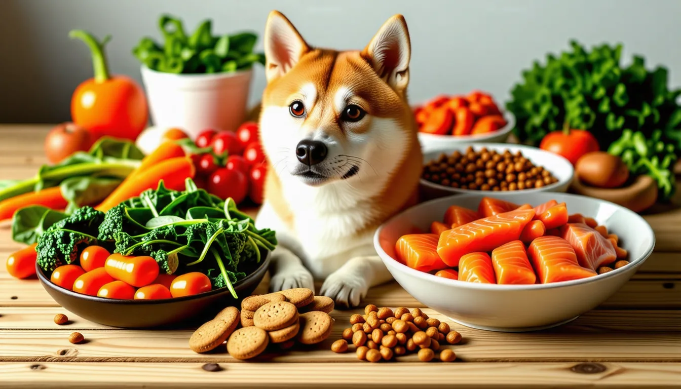 petit chien roux au museau renard assis devant une gamelle de croquettes
