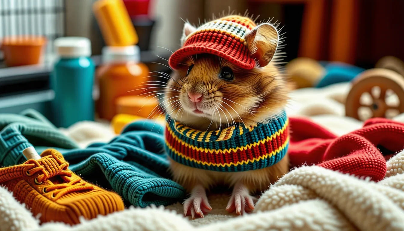 hamster nain portant un petit gilet en tissu, assis sur de la litière dans sa cage