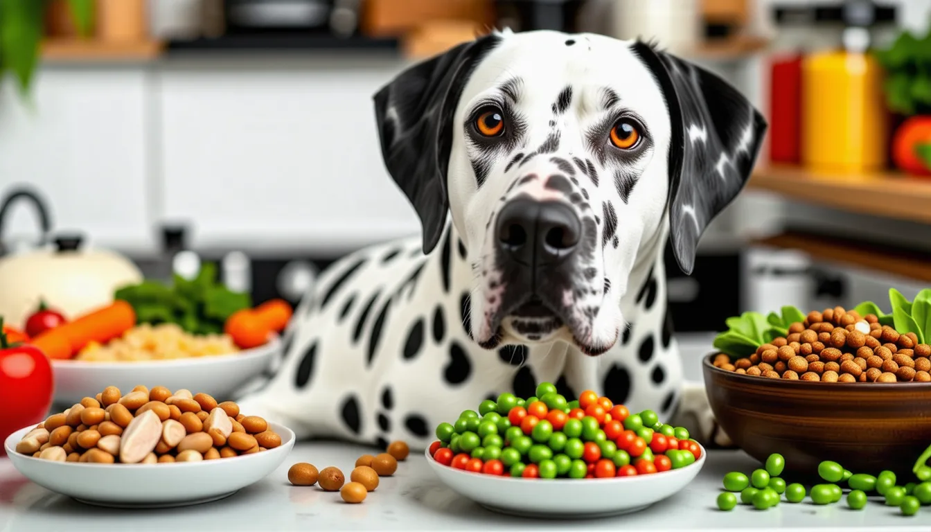 Gamelle de croquettes posée au sol avec un Dalmatien qui s'approche pour manger.