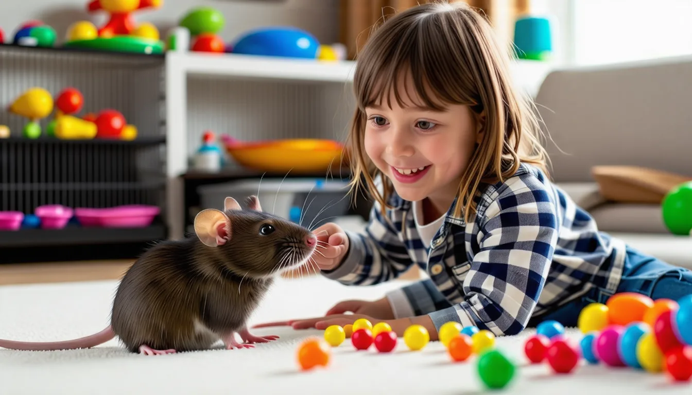 rat domestique perché sur l'épaule d'une personne, la tête tournée vers l'objectif.