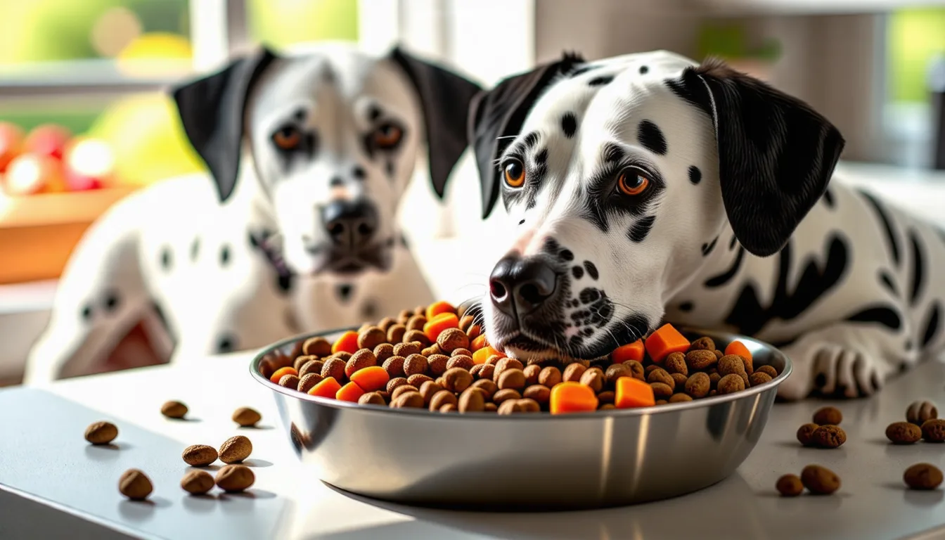 Dalmatien adulte au pelage blanc tacheté de noir, assis devant sa gamelle de croquettes.