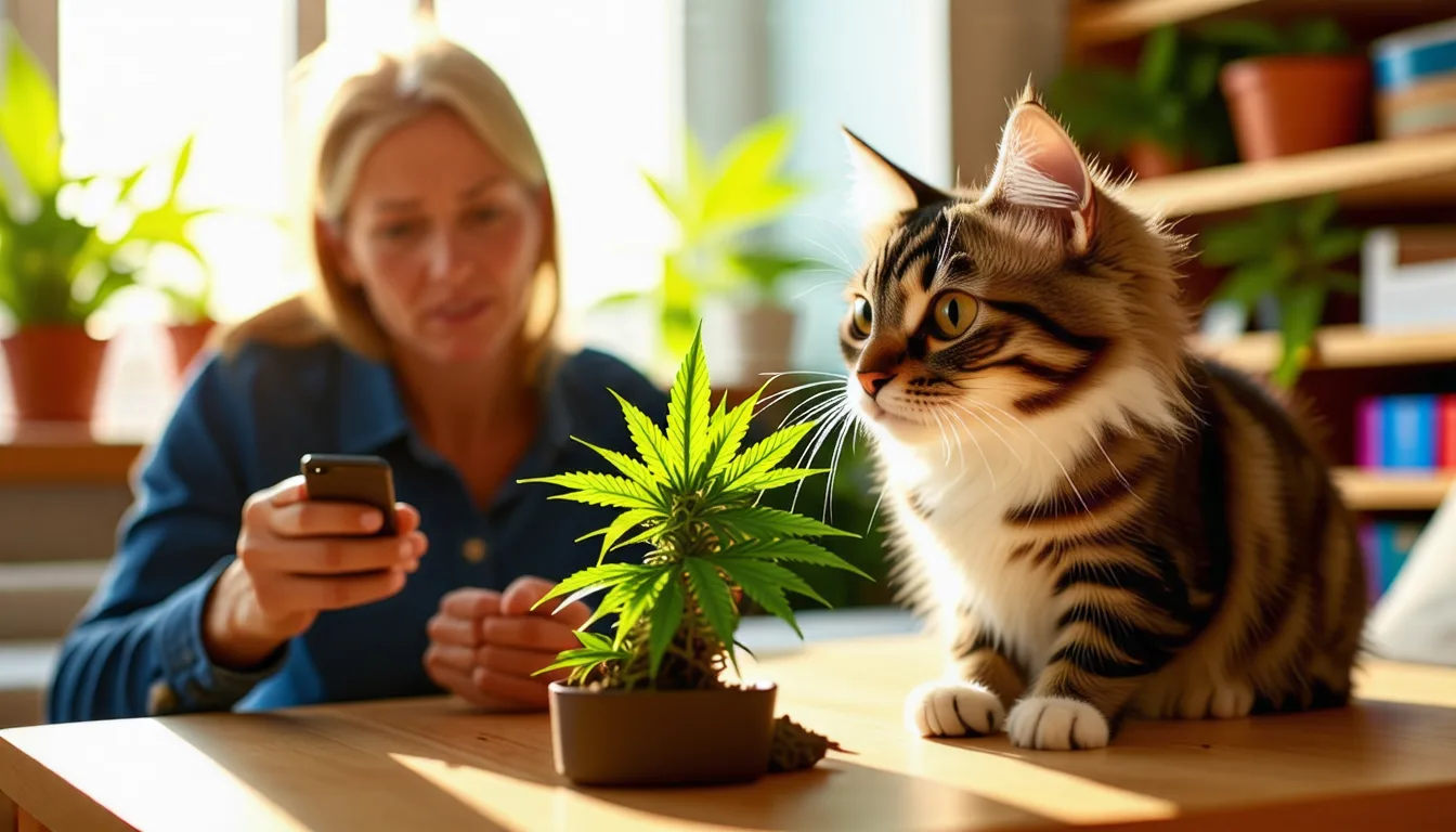 chat couché près d'une plante verte, regard fixe et pupilles dilatées