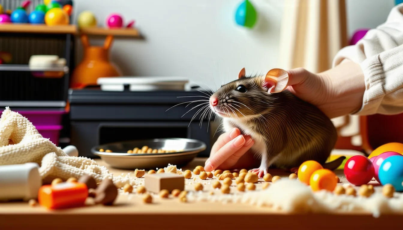 rat domestique curieux sortant la tête d'une cage à plusieurs étages
