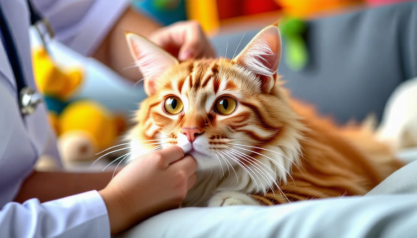 Chat tenu délicatement pendant l'examen de son pavillon auriculaire