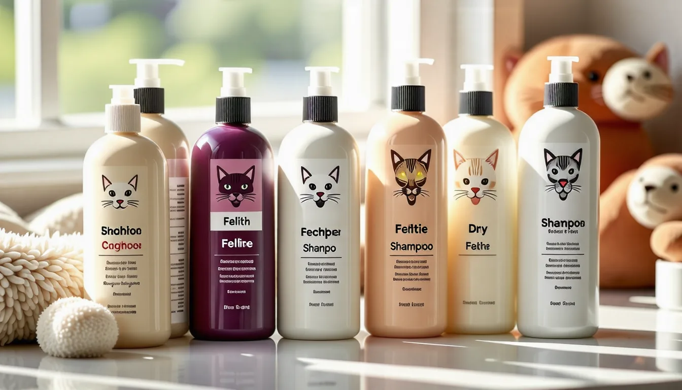 chat allongé pendant qu'on lui applique un shampoing sec en spray sur le dos