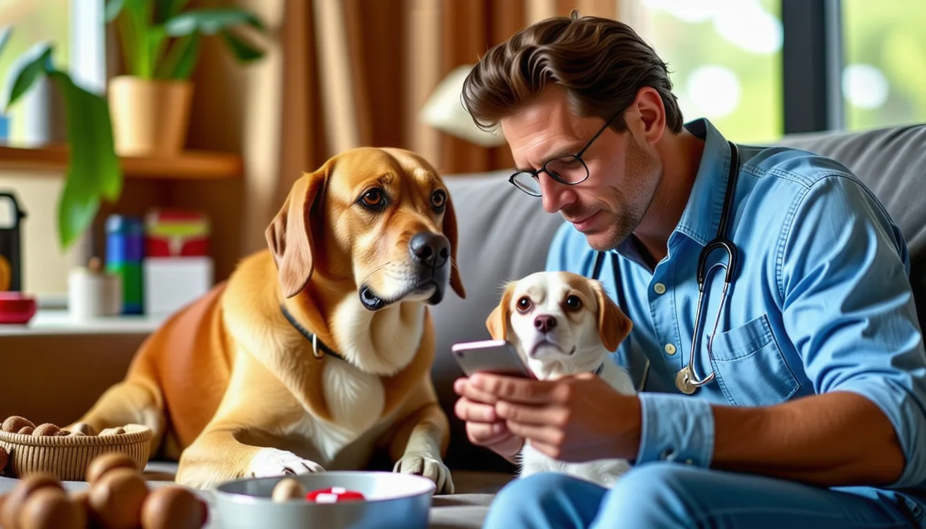 chien couché, l'air abattu, surveillé de près par son propriétaire à la maison
