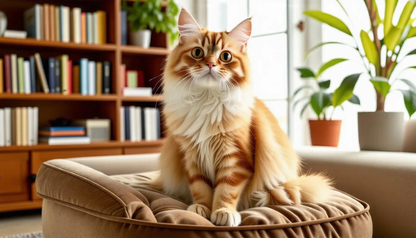 chat Persan au pelage long et crème, allongé et détendu sur un tissu clair