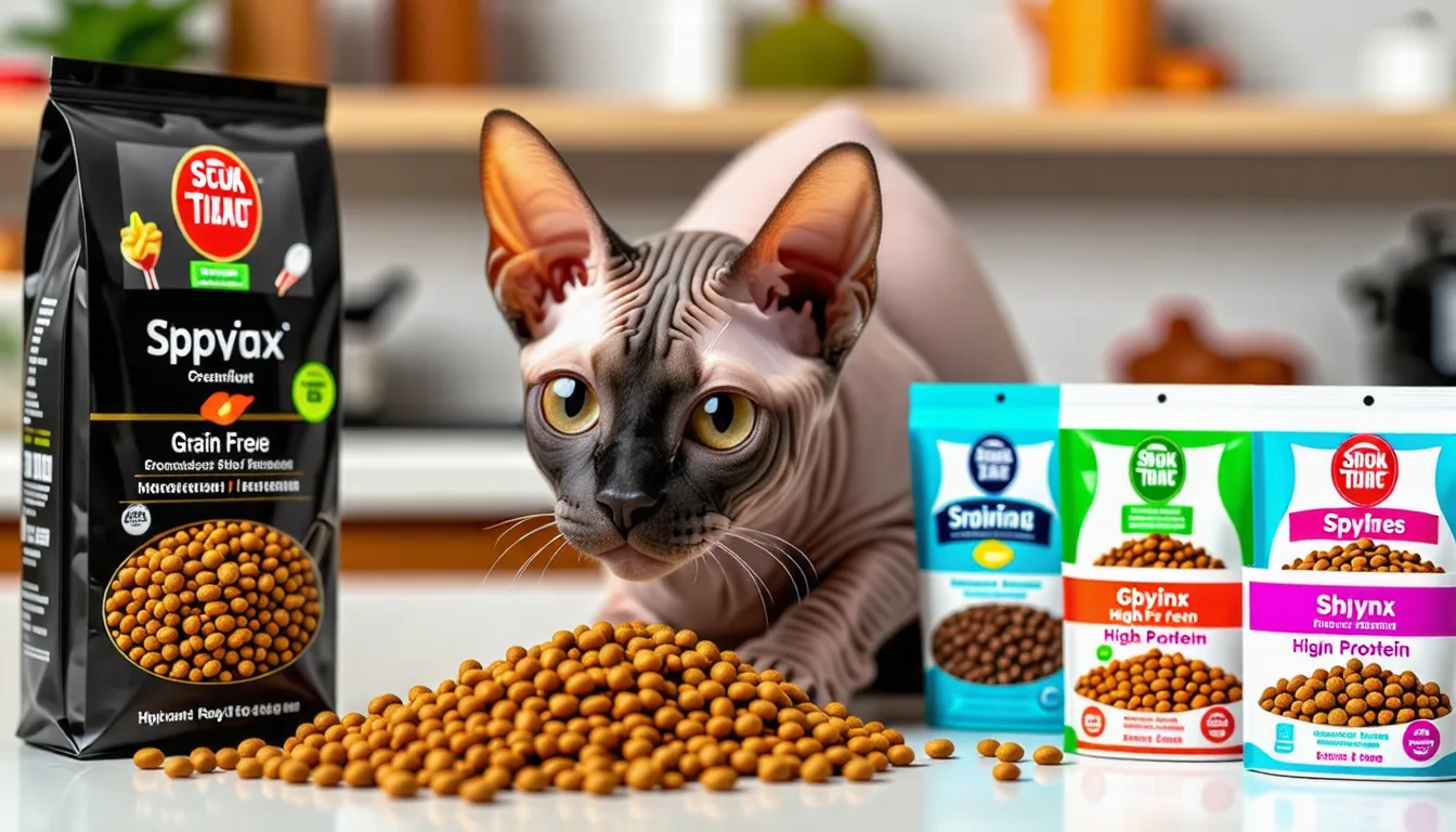 chat sphynx sans poil assis devant une gamelle de croquettes, peau plissée rose et grandes oreilles visibles