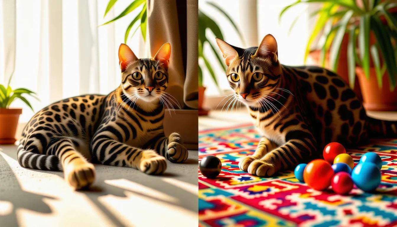 deux chats au pelage tacheté assis côte à côte, l'un plus grand et longiligne, l'autre plus trapu