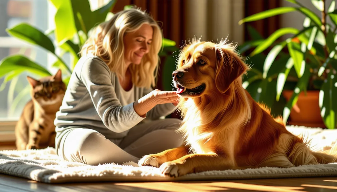 main posée délicatement sur le pelage d'un animal calme, en séance de relaxation