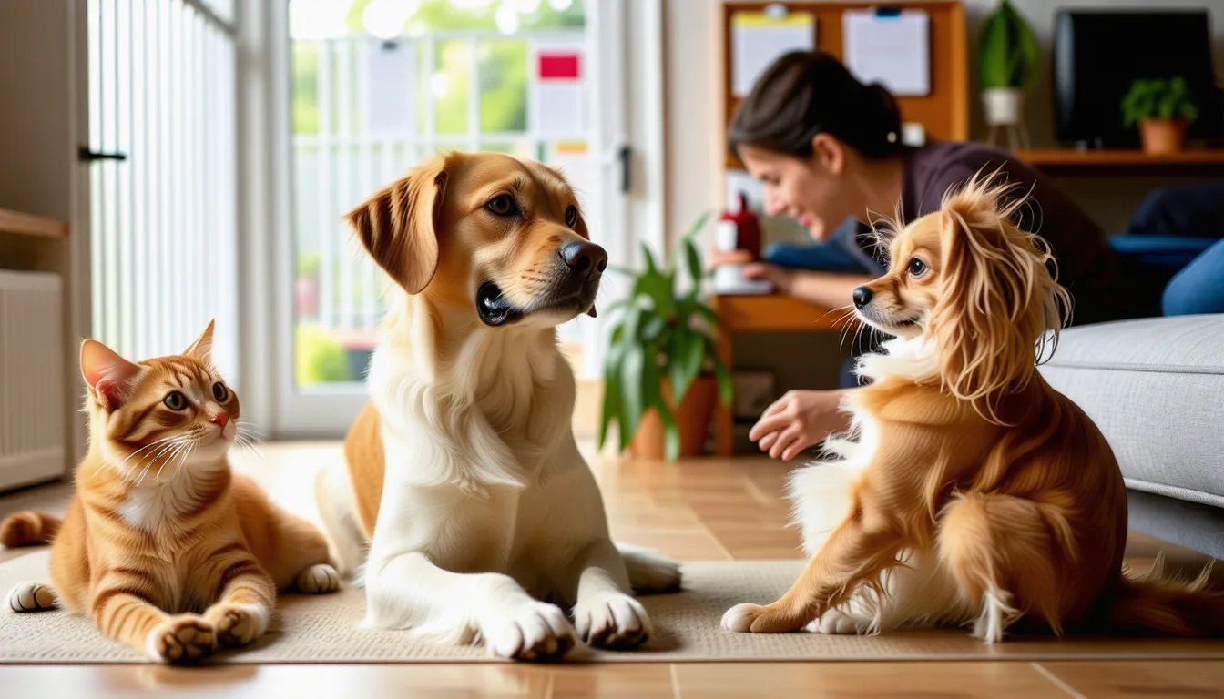 chat et chien assis côte à côte dans un salon, dans un environnement domestique calme et rangé.