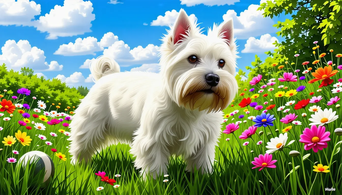 West Highland White Terrier adulte au pelage blanc, debout de profil sur une pelouse