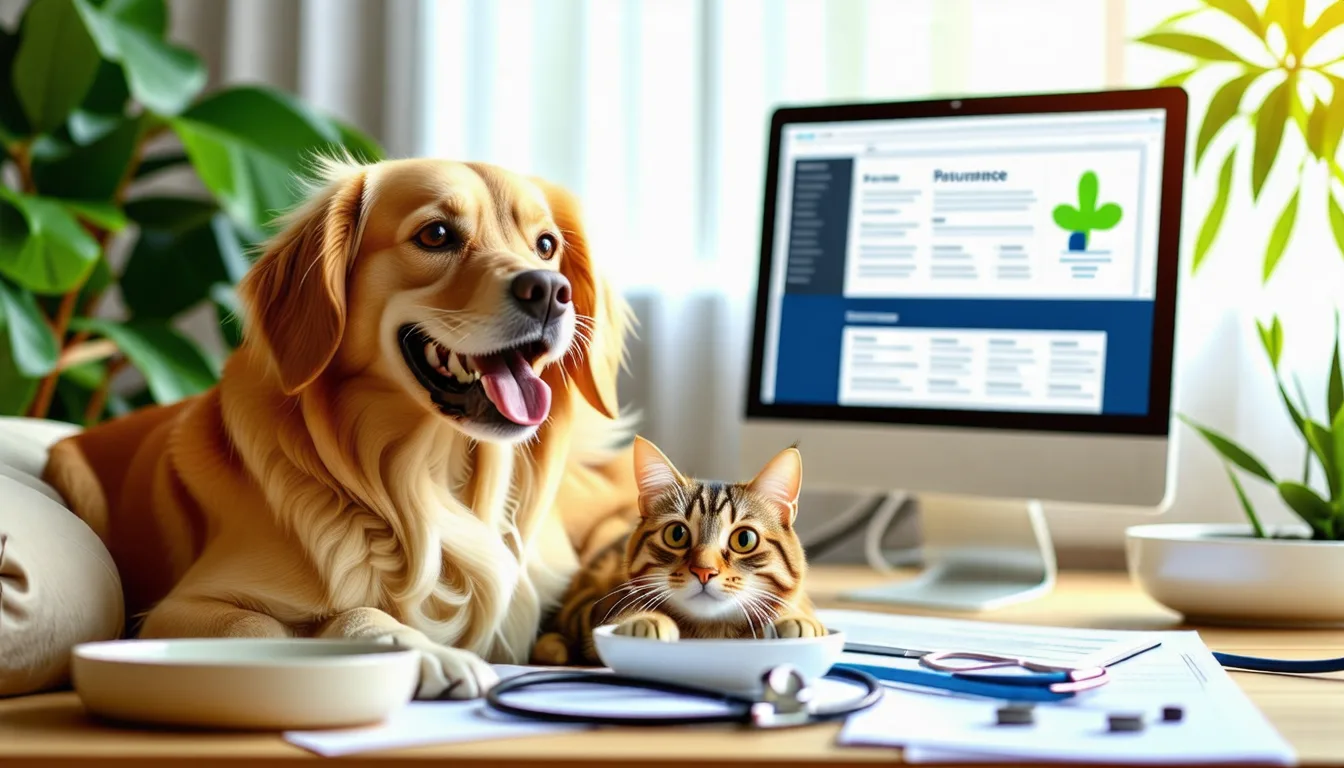 Un chien et un chat assis côte à côte près de documents et d'une calculatrice sur une table.