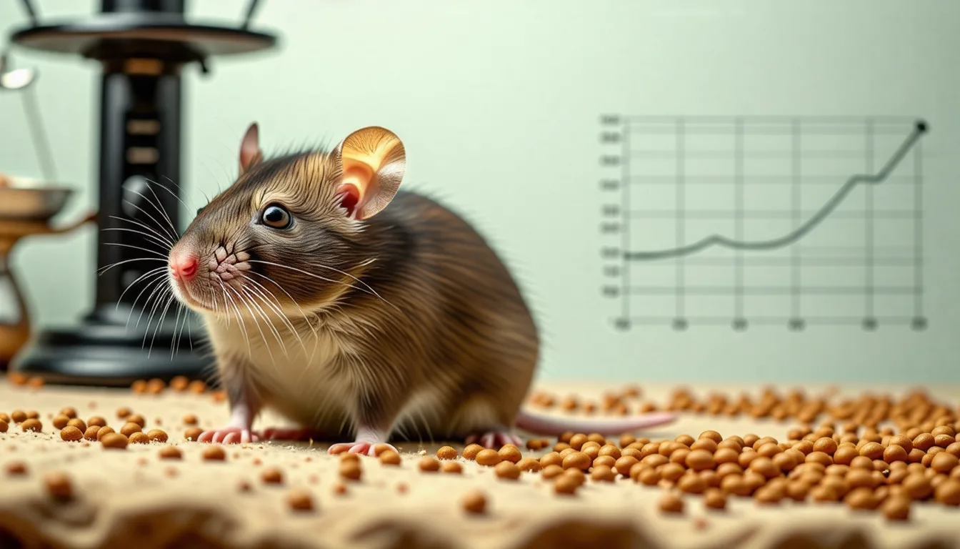 rat domestique posé sur une petite balance de cuisine pour être pesé.