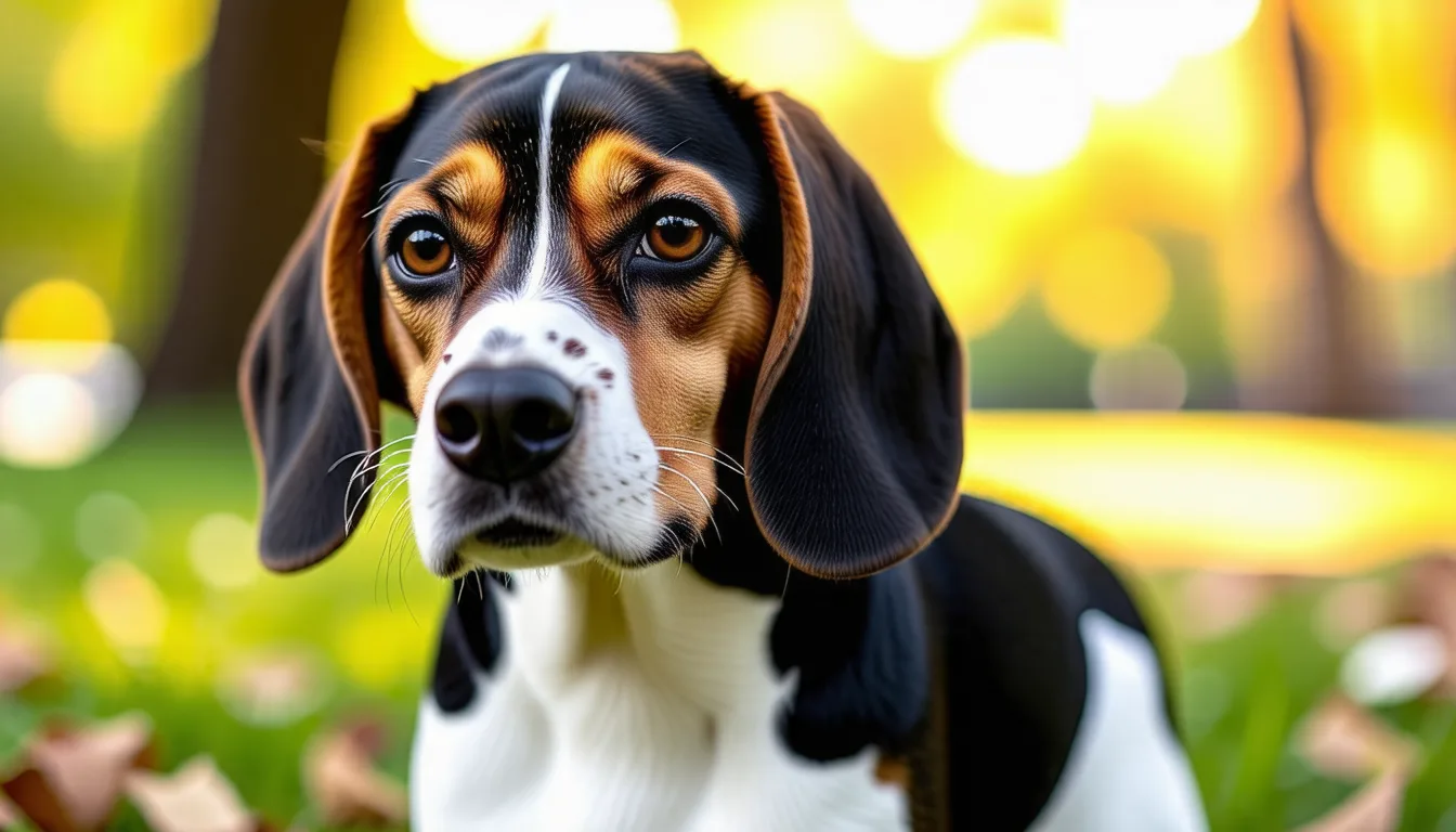 beagle adulte debout dans un jardin, de profil, museau levé