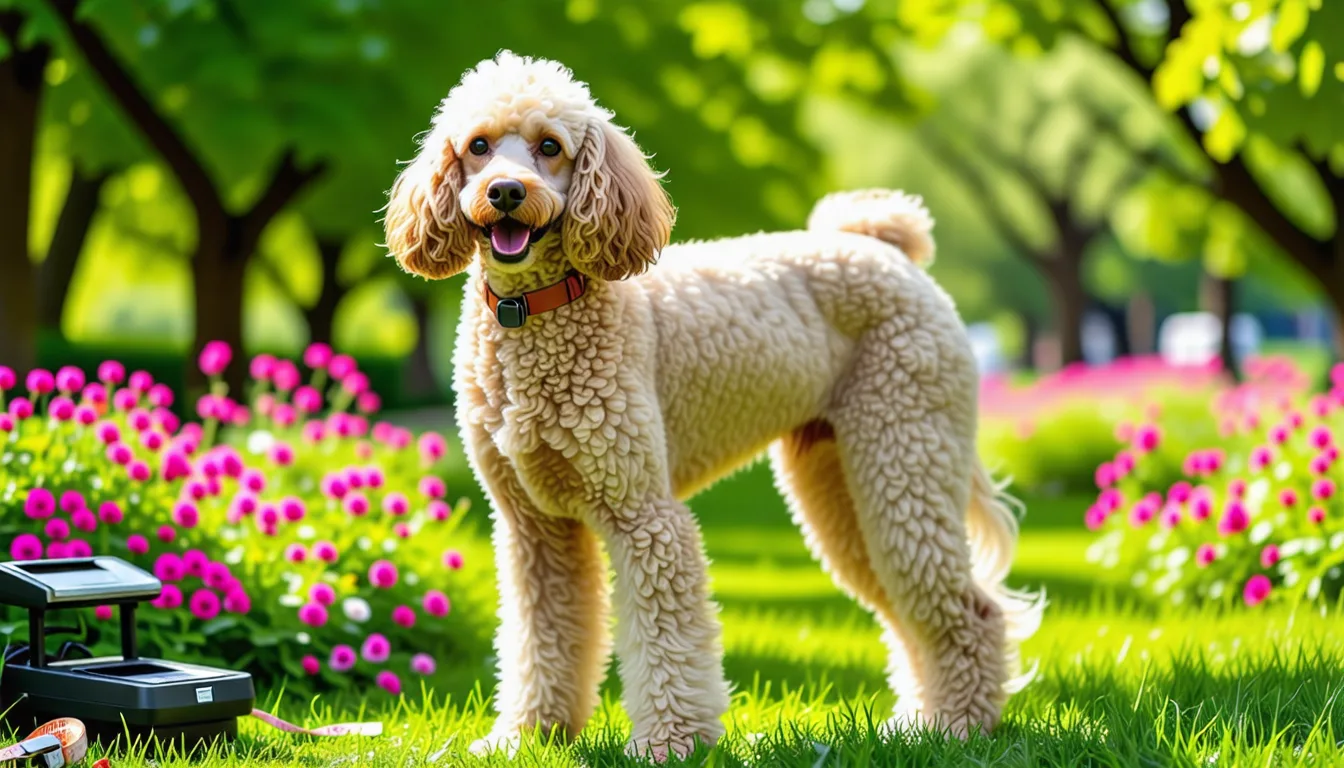 un caniche debout sur une balance de salle de bain dans un salon, propriétaire accroupi à côté