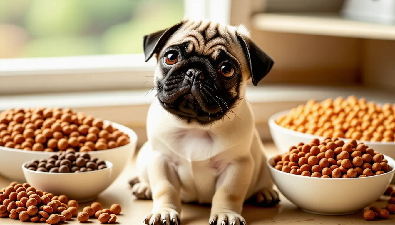 chiot carlin devant une petite gamelle de croquettes, à l'intérieur d'une maison