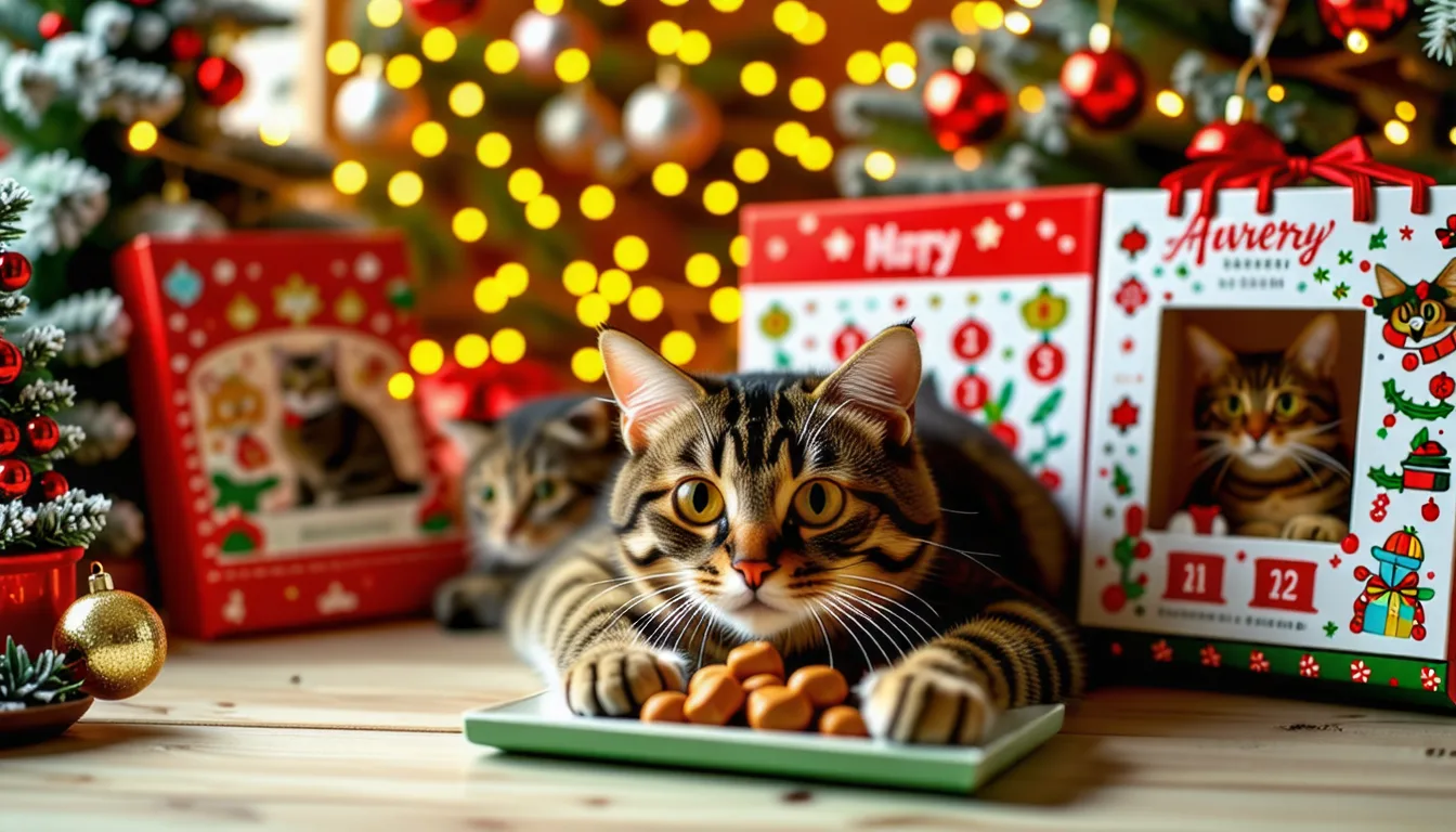 Un chat gris assis face à un calendrier de l'avent posé sur une table en bois