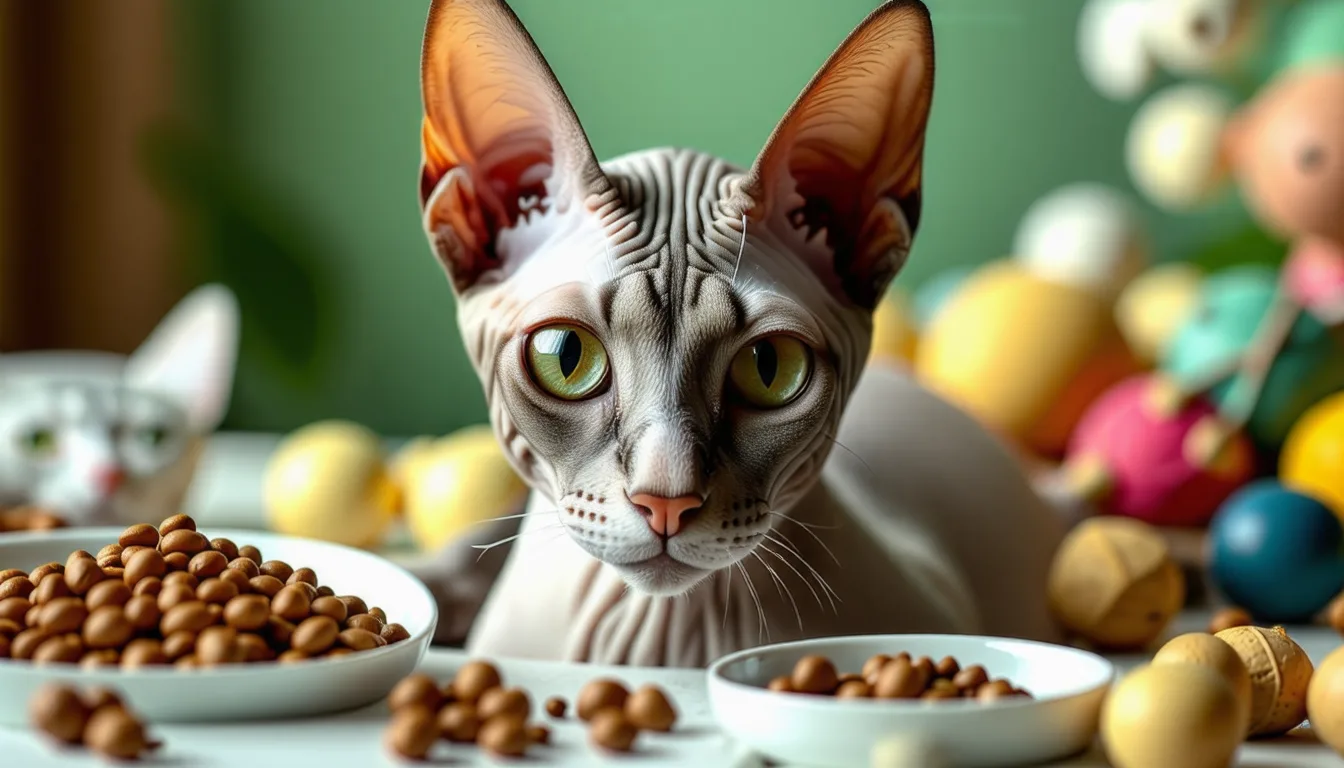 un chat sans poil, à la peau rose et plissée, assis bien droit et attentif