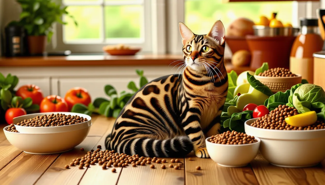 Chat Bengal au pelage tacheté mangeant des croquettes dans une gamelle en inox