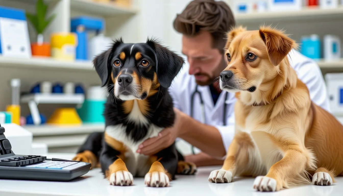 vétérinaire examinant un chien sur une table de consultation avant une opération