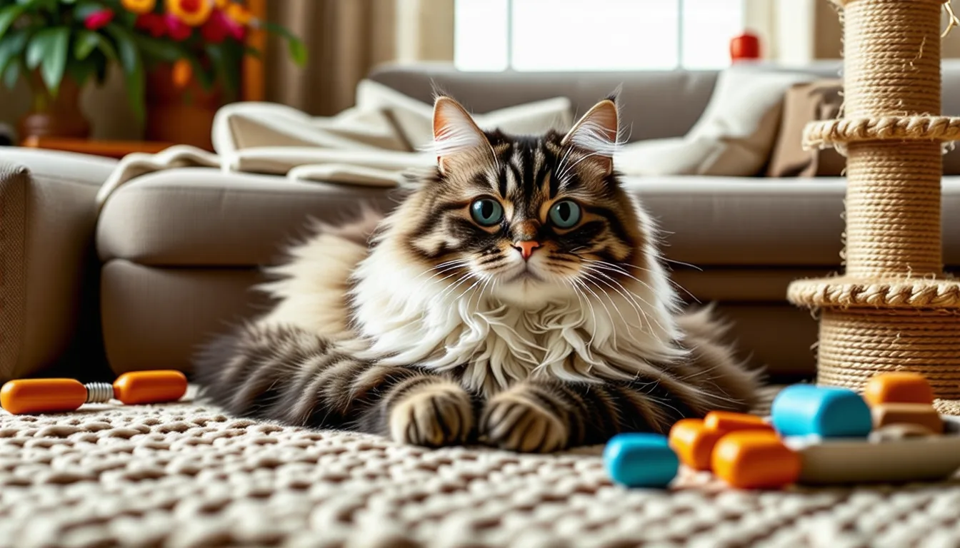 chat persan au pelage long et gris, museau écrasé caractéristique, allongé sur un coussin
