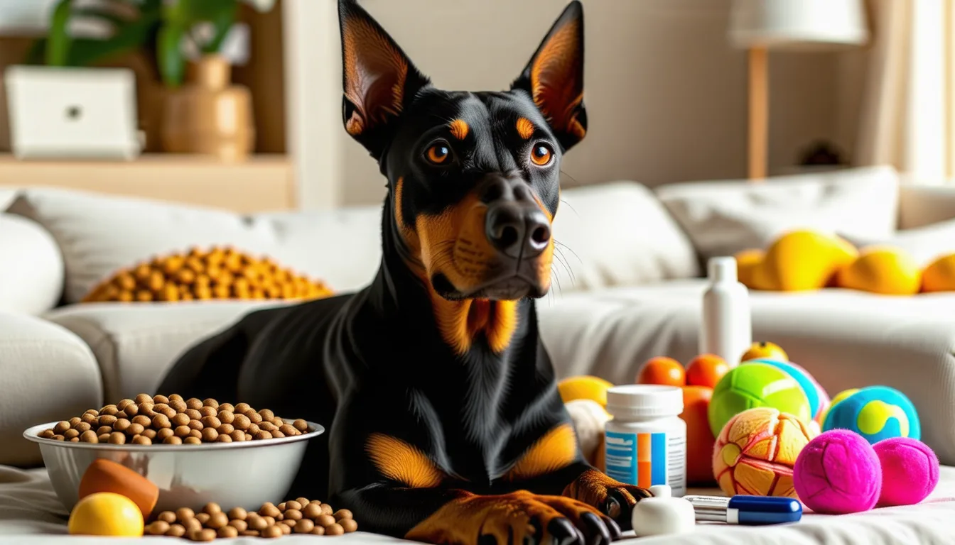 Dobermann au pelage noir et feu, oreilles dressées, posture attentive